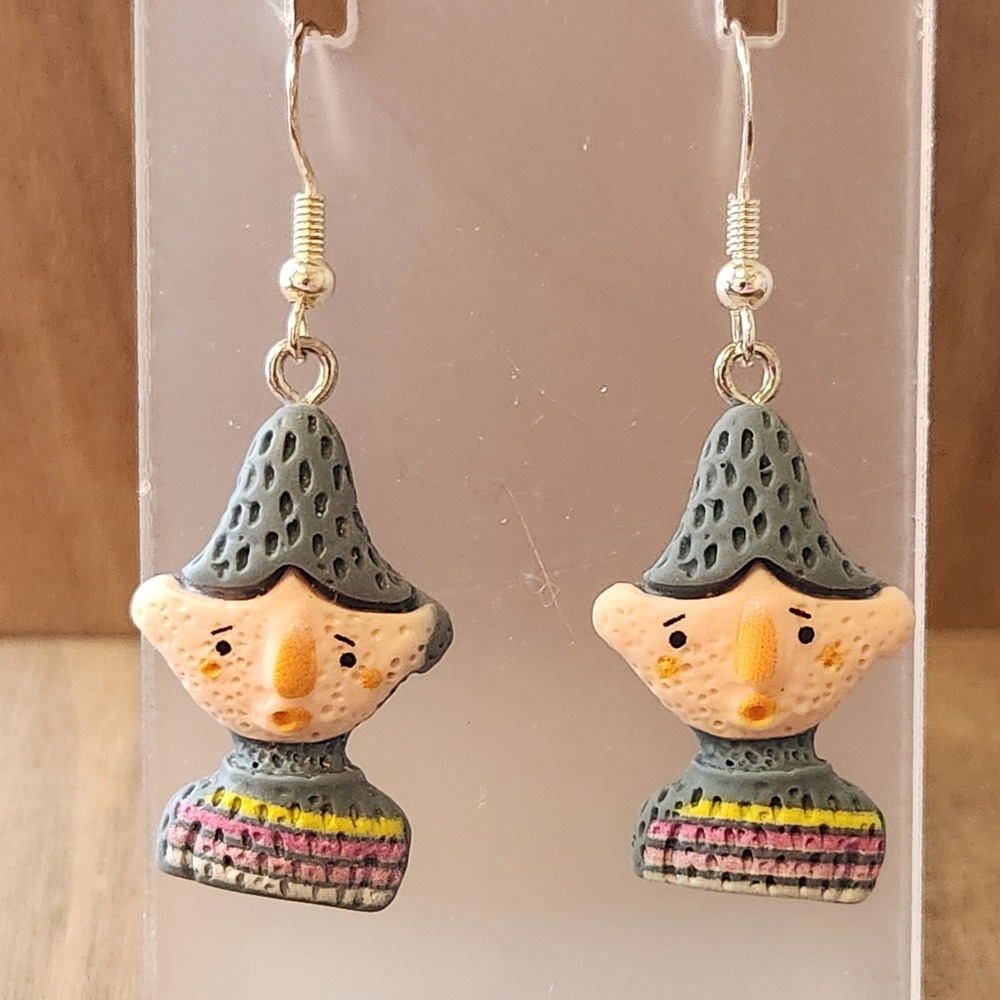 Handmade Clay Gnome Character Drop Earrings Whimsical Forest Folk Grey Pink